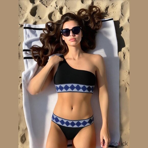 Elysiian One-Shoulder Milos Bikini Black Geometric S/XS Resort Beach Cruise - Picture 12 of 12